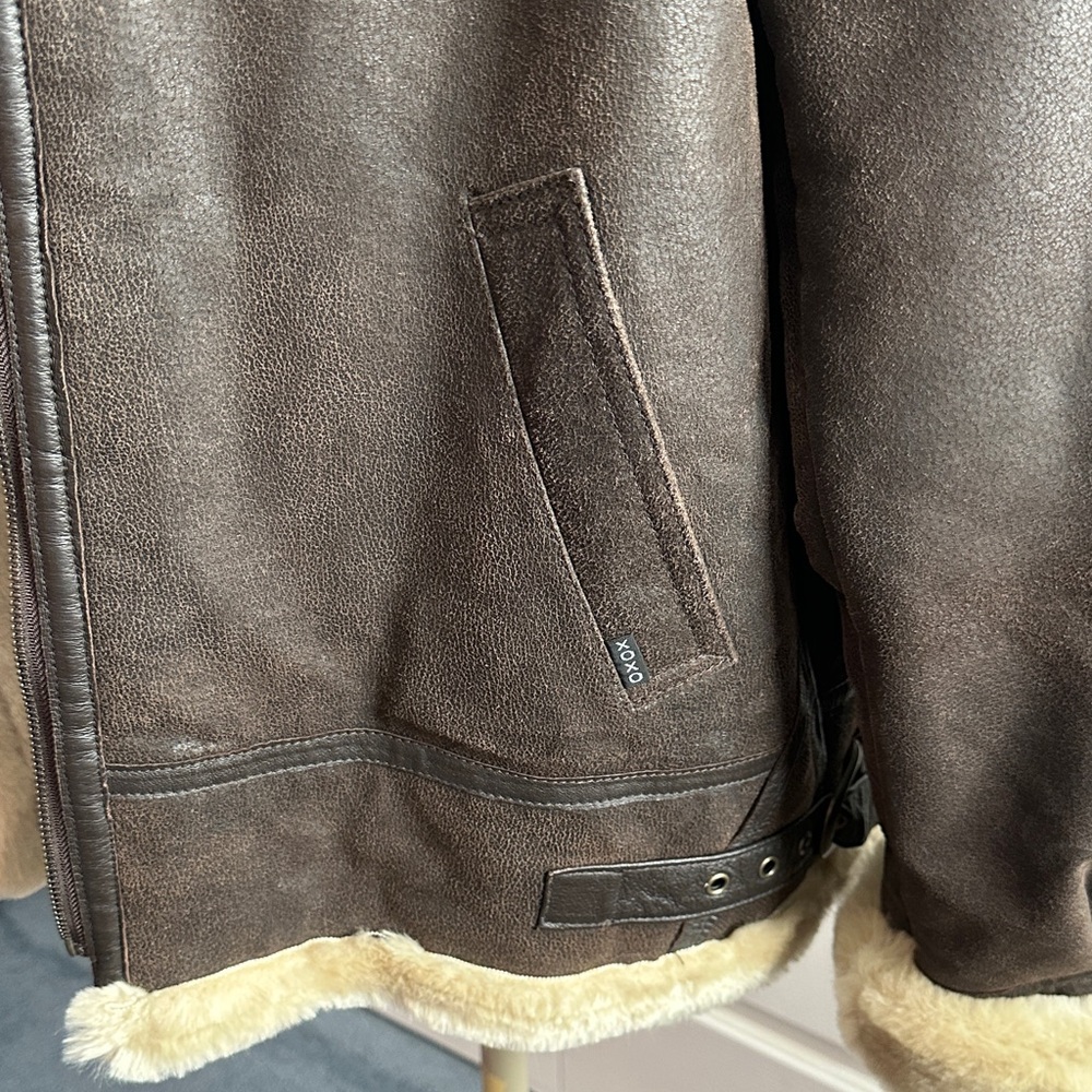 XOXO Dark Brown Leather Jacket with Cream Trim - Picture 4 of 8